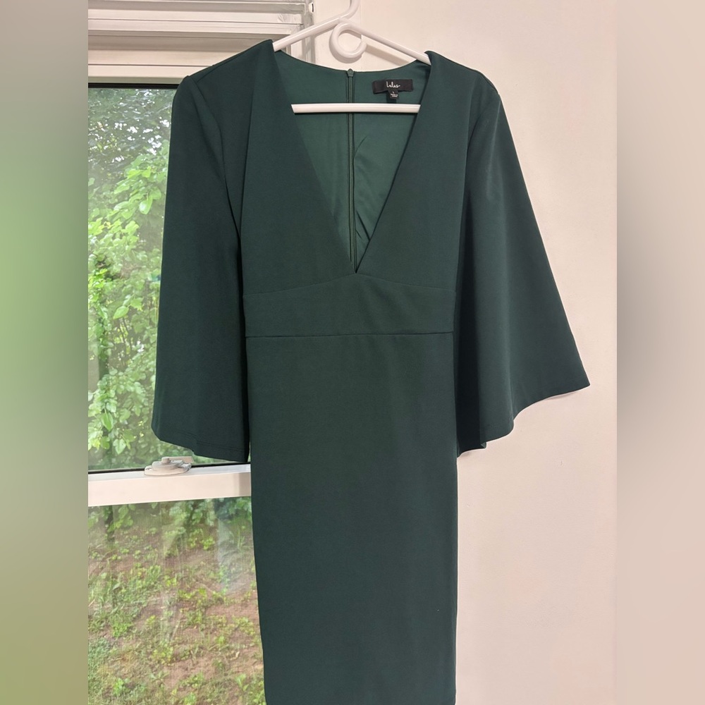 Lulu's Green Sheath Dress with Bell Sleeves and V-Neck